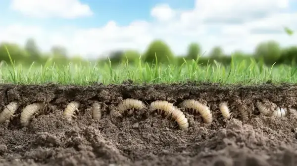 A cross-section of soil reveals a cluster of white grubs burrowing beneath lush green grass. Is it too late to treat for grubs?
