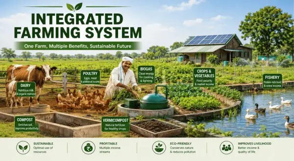 Integrated farming system with dairy cows, poultry, crops, vegetables, and fishery. This sustainable approach benefits livelihood.